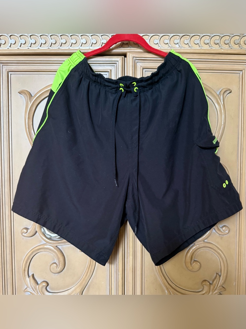 Speedo Black Swim Shorts with Neon Green Accents guc XL w/pockets